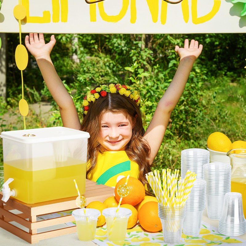 Mumufy 2.3 Gallon Plastic Beverage Dispenser with Spigot 50set Disposable Cup Lemonade Sticker and Lid Straw Juice Pitcher Jug Beer Dispenser Refrigerator for Halloween Oktoberfest Outdoor Party