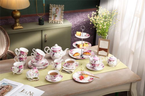 London Boutique Cake Plate Set 4 Porcelain Fine China Wide Rimmed Shabby Chic (Bird Rose Butterfly)