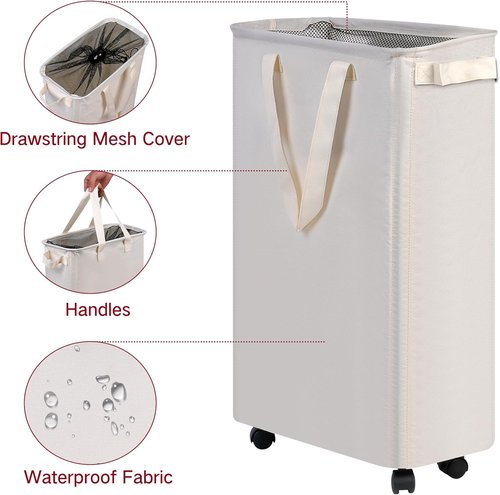Efluky Slim Laundry Hamper - Rolling Laundry Basket with Wheels | 60L Capacity in Beige for Bedroom & Dorm