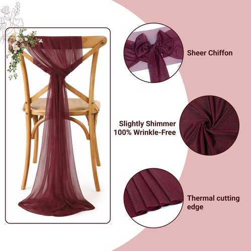MDS Pack of 50 Chiffon Chair Sashes Bows for Wedding Events Supplies, Decorations for Birthday Parties, Graduations, Engagements, Chair Sashes fits Banquet Chair Cover Tie Back Band - Burgundy