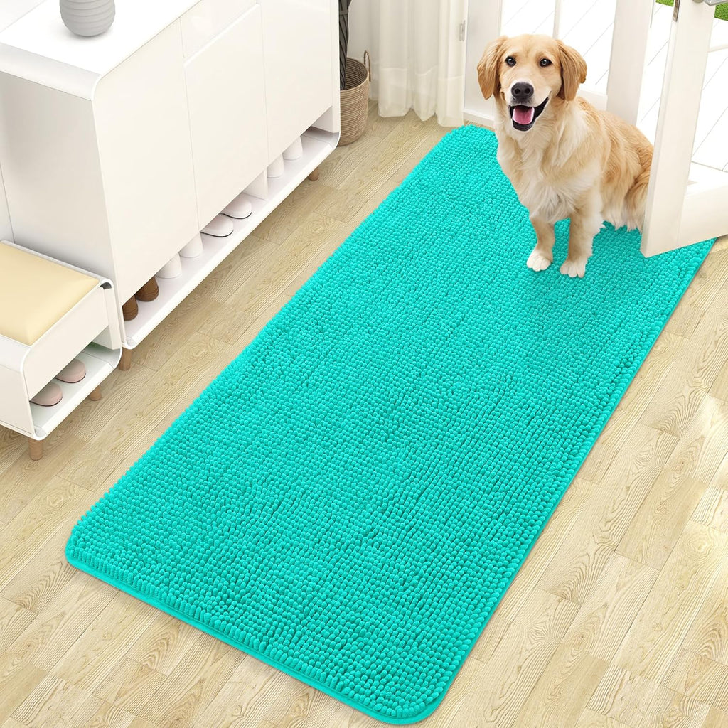 OLANLY Dog Door Mat - Absorbent Non-Slip Washable Doormat for Muddy Paws | 47x24 Teal Chenille Carpet