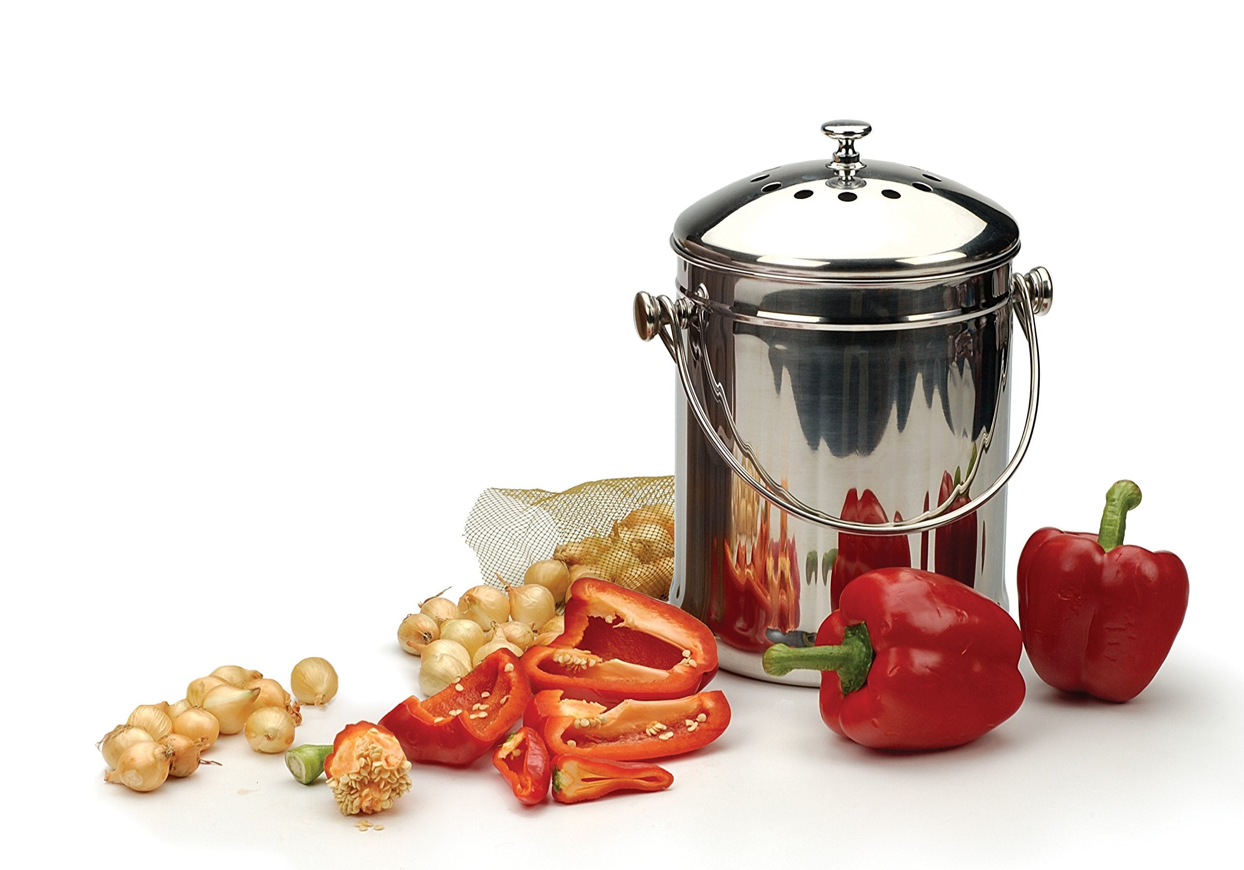 RSVP International Kitchen Collection Compost Pail, Dishwasher Safe, 1 Gallon Capacity, Stainless Steel