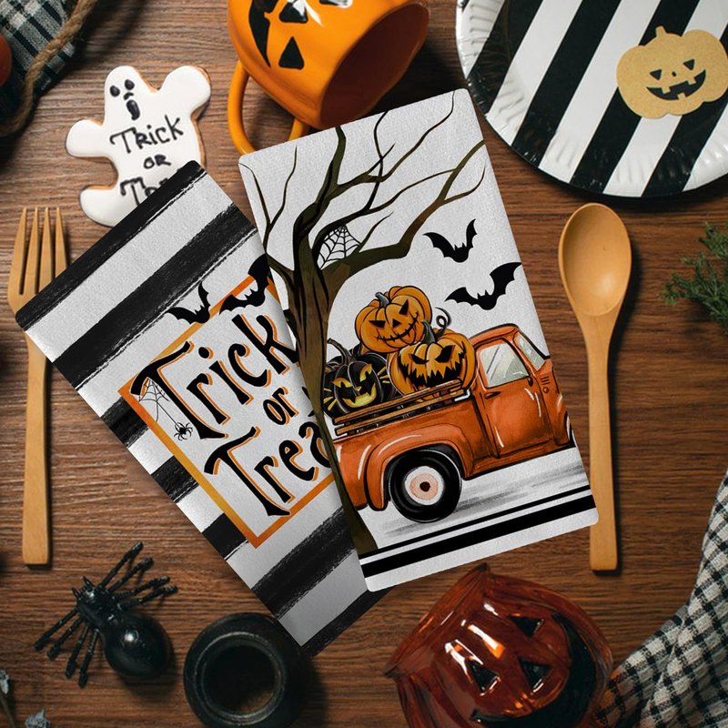 Seliem Halloween Trick or Treat Kitchen Dish Towels Set of 2, Jack O Lantern Pumpkin Truck Hand Towels Stripes Drying Baking Cooking Cloth, Spooky Bat Holiday Funny Home Kitchen Decor 18x26 Inch
