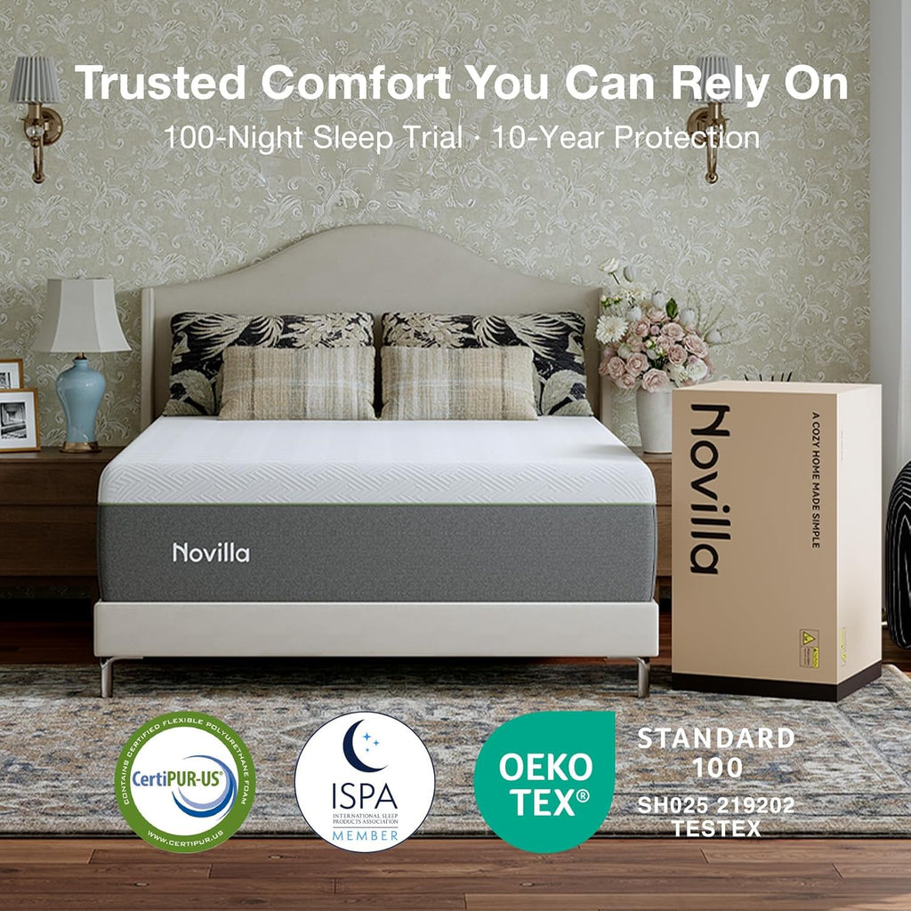 Novilla Bliss Green Tea Mattress - 12 Inch Gel Memory Foam Queen Size for Hot Sleepers | Cool Comfort & Back Pain Relief