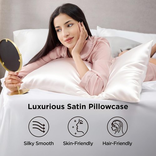 Bedsure Satin Pillowcase - Luxurious Silk-Like Comfort | Standard Size Ivory, 20x26 Inches, 2-Pack