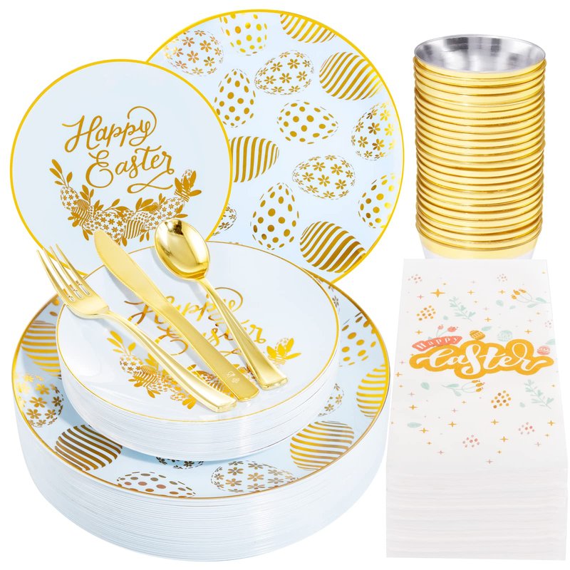 Morejoy 175pcs Easter Plastic Plates,Blue Plastic Plates Disposable Ice Blue Plates Include 25 Dinner Plates,25 Dessert Plates,25 Cups,25 Forks,25 Knives,25 Spoons,25 Napkins Perfect for Easter Party