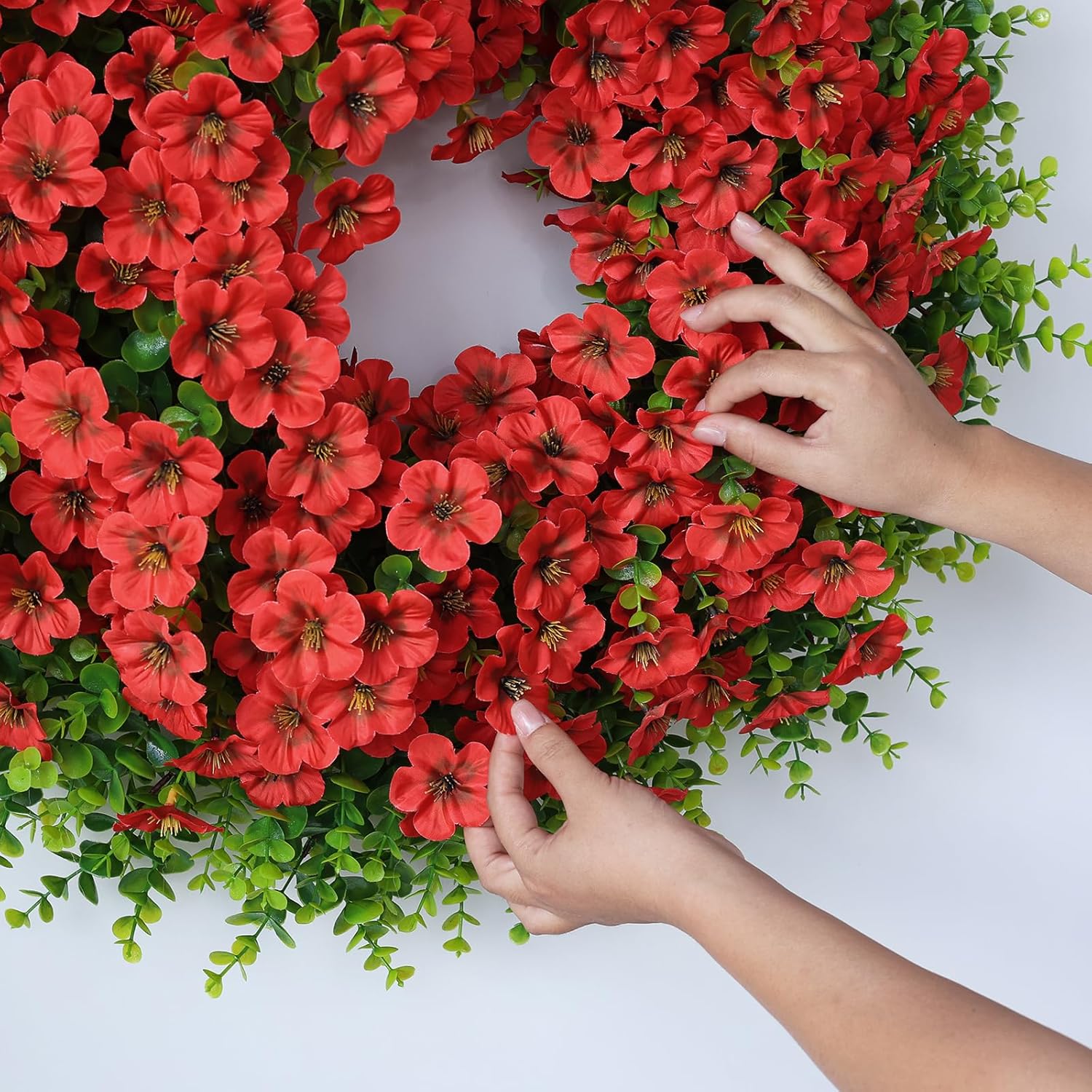 Skiennix 26" Large Artificial Eucalyptus Wreath - Realistic Silk Morning Glory Flowers for Home & Wedding Decor (Red)