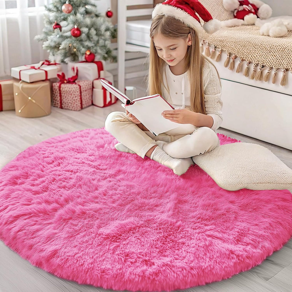 OLANLY Hot Pink Round Rug - Soft, Fluffy Shaggy Carpet | 4 ft Machine Washable Area Rug for Bedroom, Living Room, Nursery Decor