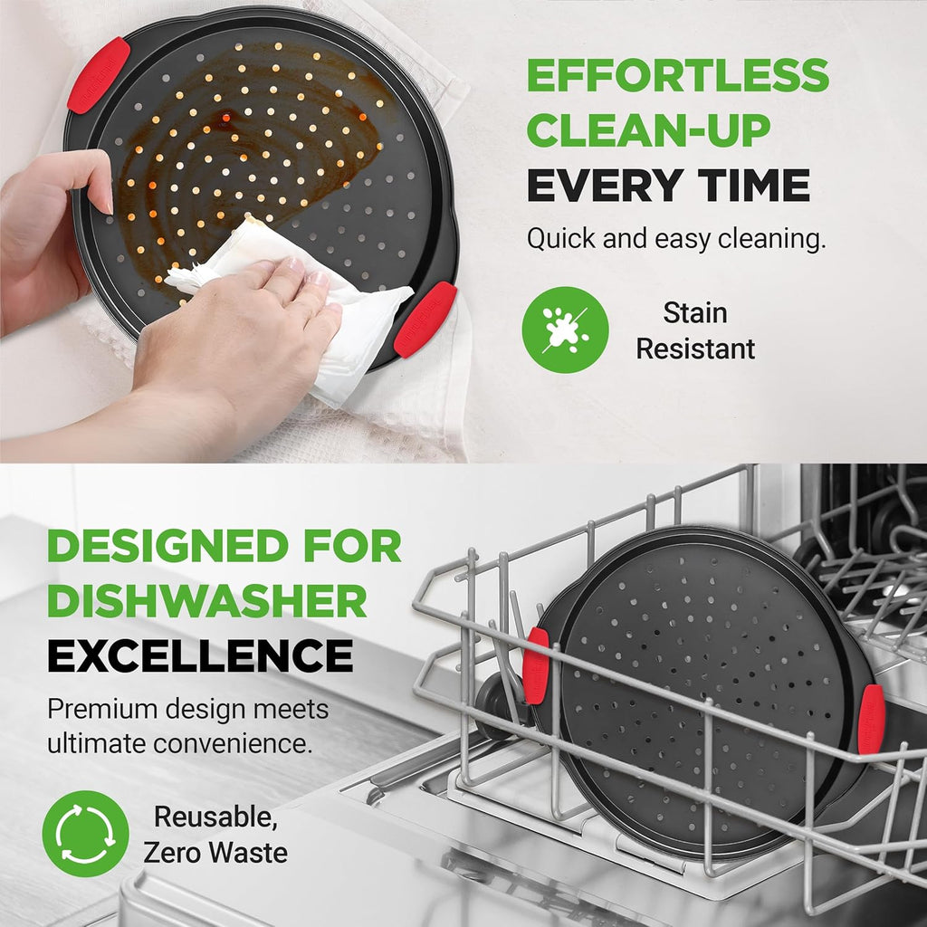 NutriChef 13-Inch Nonstick Pizza Tray - Round Carbon Steel Pan with Perforated Holes & Silicone Grip Handles
