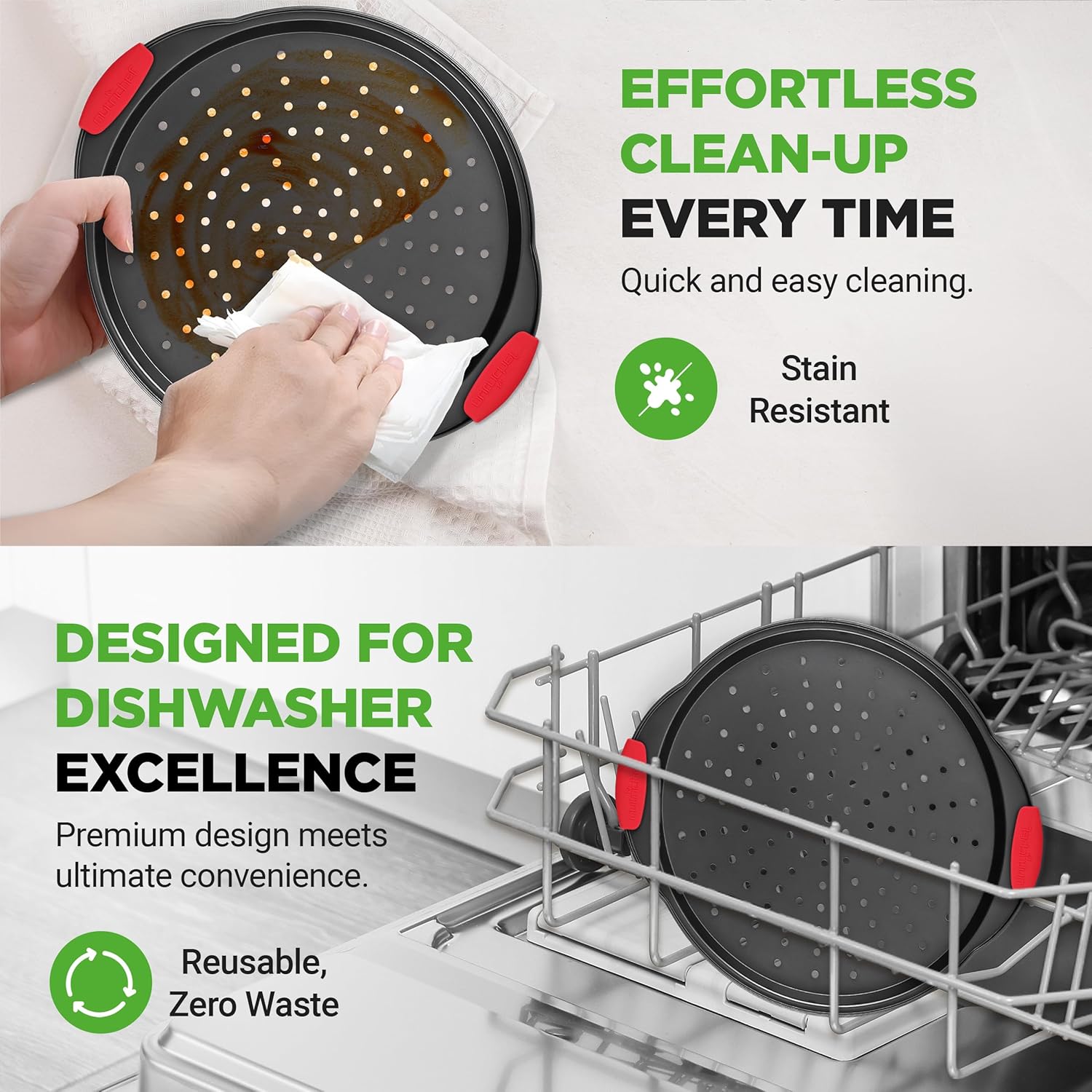 NutriChef 13-Inch Nonstick Pizza Tray - Round Carbon Steel Pan with Perforated Holes & Silicone Grip Handles