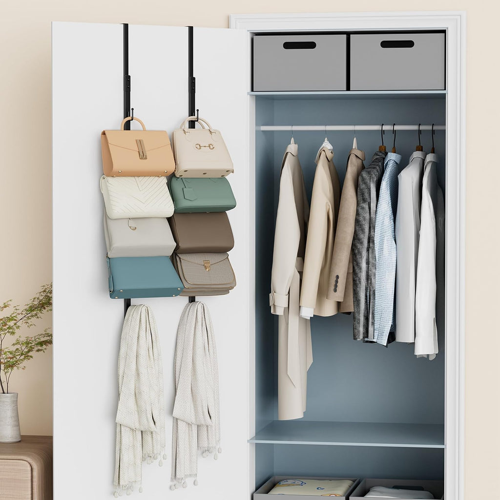 SWTYMIKI Over The Door Purse Organizer - Wall Mounted Rack with 8 Hooks for 16 Bags | Black