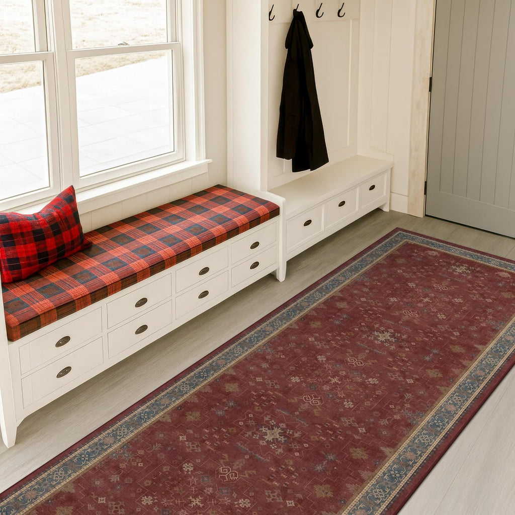 Regine Switzerland Dark Red 2'6''x8' Hallway Runner Rug - Washable Non-Slip Burgundy Floral Décor