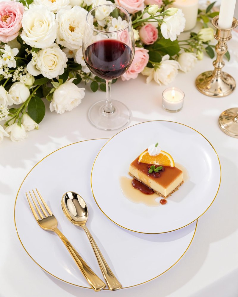 Nervure 100 Pieces Gold Plastic Plates - 10.25 inch Gold Dinner Plates - Heavyweight White and Gold Disposable Plates Ideal for Wedding & Party & Mother's Day