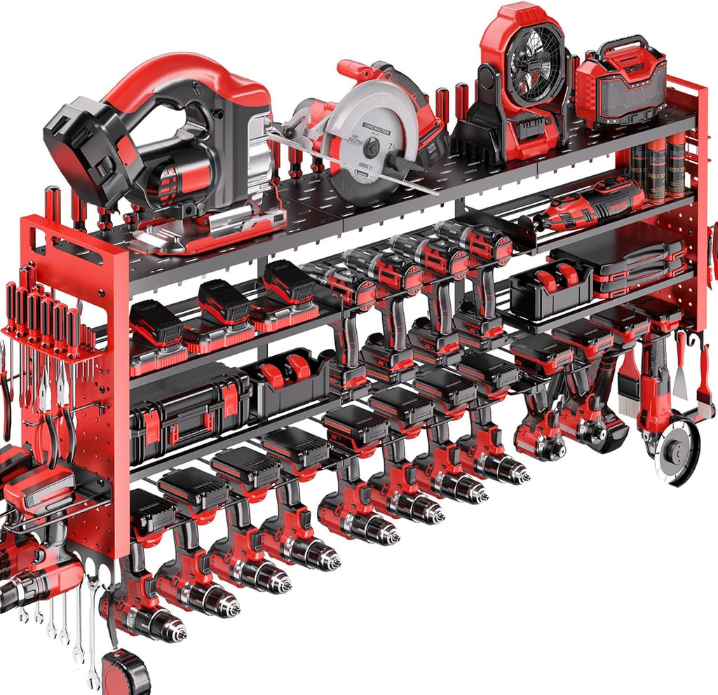 Super Large Power Tool Organizer - 4-Layer Heavy Duty Wall Mount with 18 Cordless Drill Holders | 600 lb Capacity (Red)
