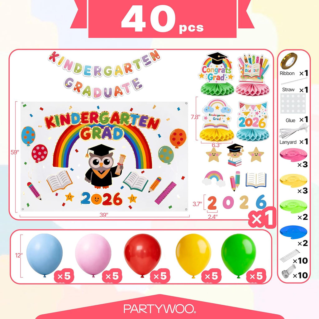 PartyWoo Graduation Decorations 2026 - Colorful Rainbow 40pcs Set with Congrats Grad Banner & Balloons