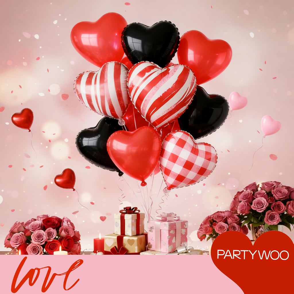 PartyWoo Pink Balloons - 127 Pcs in Various Sizes & Red/Black Heart Foil - Perfect for Valentine's Day & Weddings