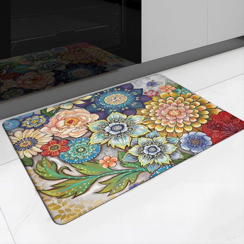 Tubeamin Floral Kitchen Rug Mat for Floor Boho Cushioned Anti-Fatigue Mat Non-Slip Standing Desk Waterproof Comfort Floor Mat for Sink, Office, Laundry, 17.3x28 Inch