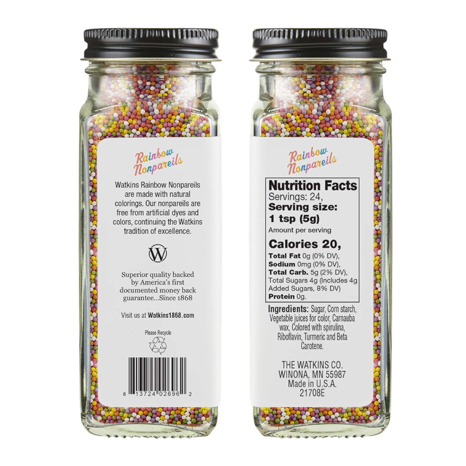 Watkins Gourmet Decorating Sprinkles - Rainbow Nonpareils, 4.2 Oz Jar for Vibrant Baking Decor