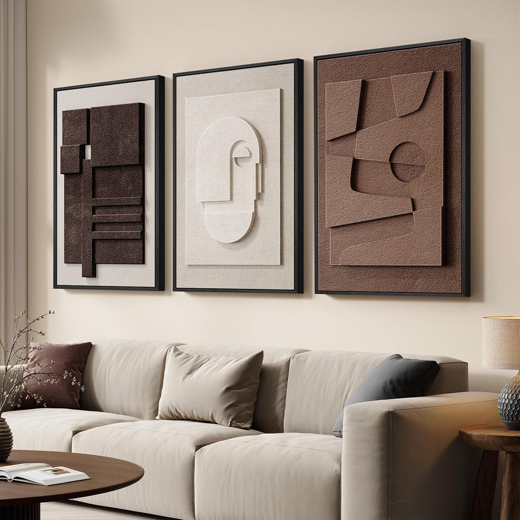 Regine Switzerland 3D Textured Framed Wall Art - Modern Neutral Abstract Design | 20x30 In, 3 Pieces for Living Room & Bedroom Decor
