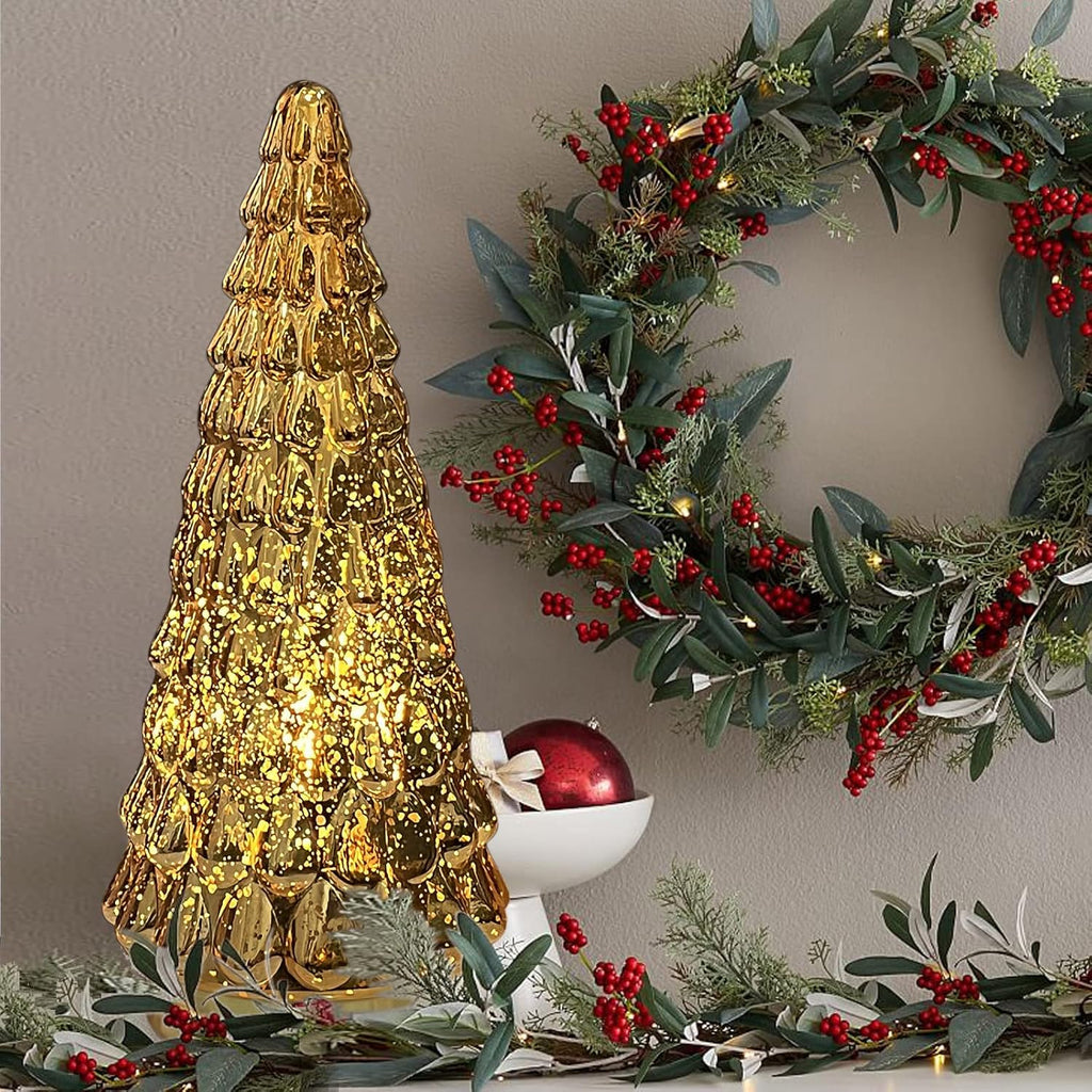 SHMILMH Gold Mercury Glass Christmas Tree Set - Battery Operated Tabletop Xmas Trees | 10" Decor