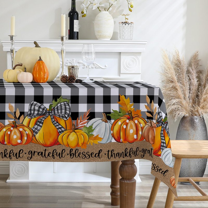 cusugbaso Fall Square Tablecloth 52x52 Inches, Black Plaid Pumpkins Fall Decorations for Home - Water Resistant Thanksgiving Table Cloth Rectangle for Party, Dinner, Indoor