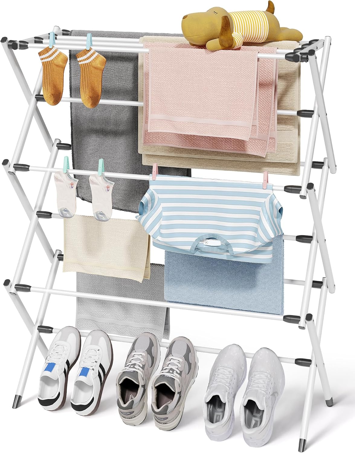 Sakugi Foldable Clothes Drying Rack - 3-Tier Metal Laundry Organizer with Non-Slip Feet, 11.4"D x 29.1"W x 37.4"H, White & Black