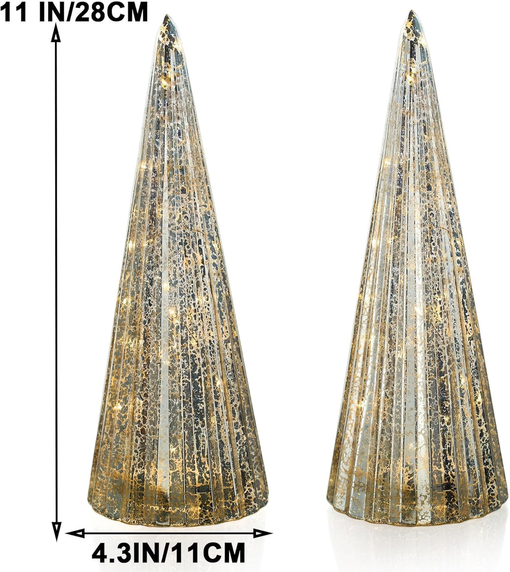 Regine Switzerland Set of 2 Mercury Glass Christmas Tree Figurines - LED Indoor Table Centerpiece Decorations