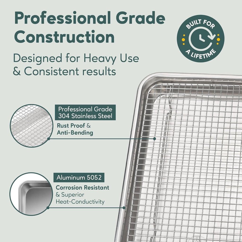 Ultra Cuisine Quarter Sheet Pan Set - Premium Aluminum Baking Sheet with Stainless Steel Rack | Commercial Quality (Pack of 2)