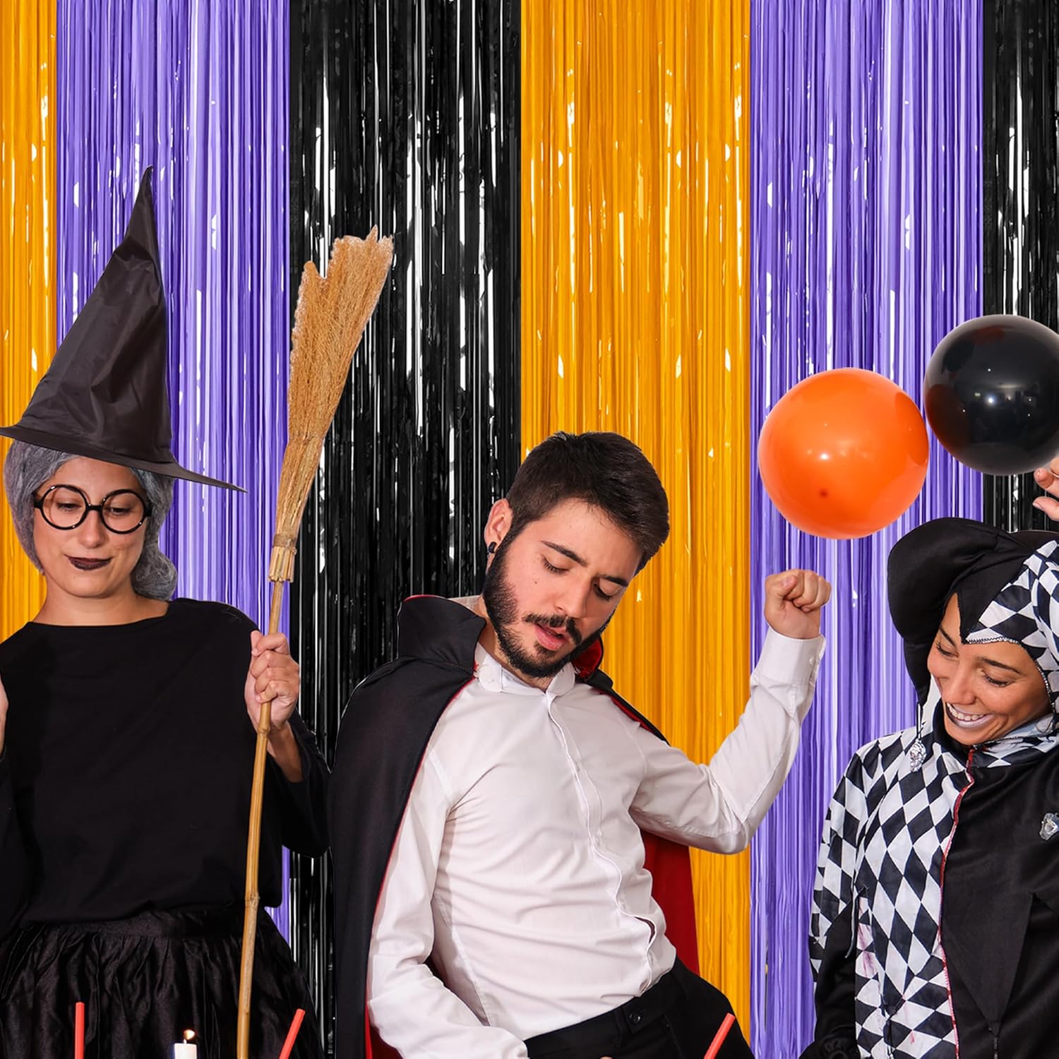 Regine Switzerland Halloween Backdrop - 2 Pack Foil Fringe Curtains | 3.28 FT x 7.05 FT, Orange & Purple Tinsel Decor