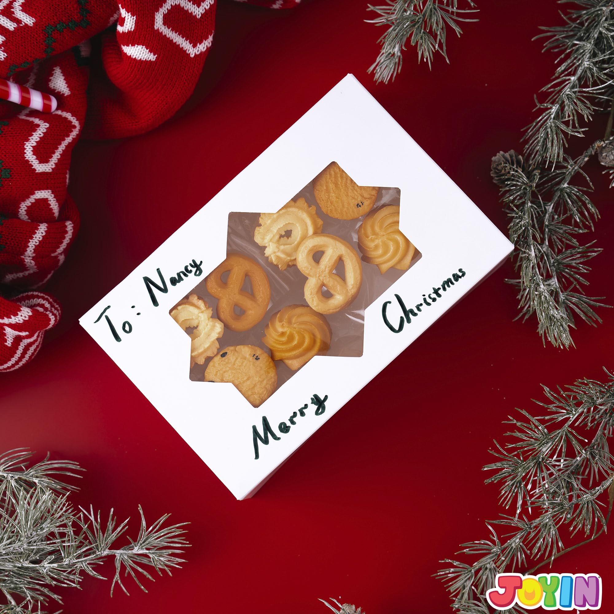 JOYIN 24 PCS Christmas Cookie Boxes for Gift Giving, 8.75’’ x 5.75’’ x 2.75’’ Xmas Holiday White Bakery Treat Boxes Containers with Window for Pastries, Cupcakes, Chocolate, Candy, Brownies, Donuts