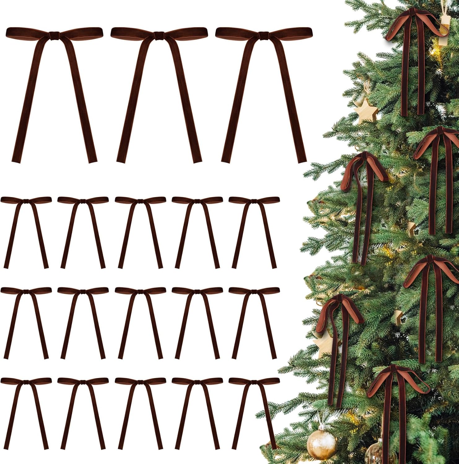 Skiennix 24 Pcs Velvet Bows - Vintage Ribbon Bows for Christmas Tree & Crafts | 5x7 Inch, Reddish Brown