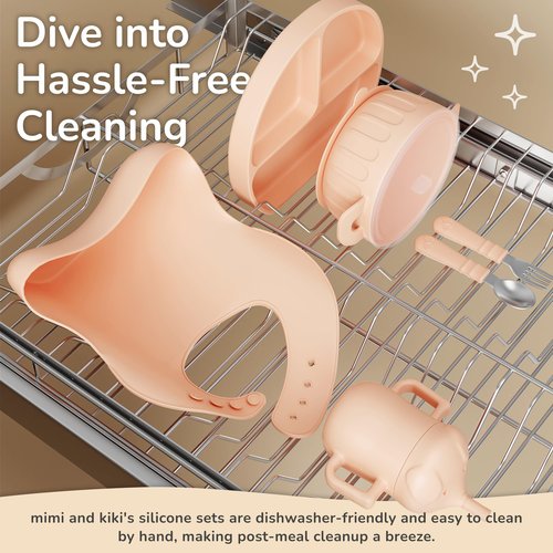 mimi & kiki BPA-Free Silicone Baby Feeding Set, Baby Plates and Bowls Set, Baby Led Weaning Supplies, Silicone Suction Plate, Baby Utensils, Bib and Cup, Self Feeding, Dishwasher Safe (Light Pink)