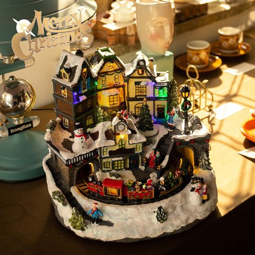 Christmas Village Houses - 10.6" Polyresin Decor with Moving Train, LED Lights & 8 Songs