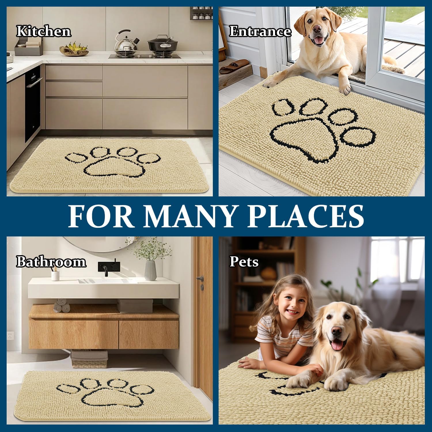 OLANLY Dog Door Mat - Absorbent Non-Slip Mud Mat for Muddy Paws | 48x30 Paw Print Design, Quick Dry Chenille