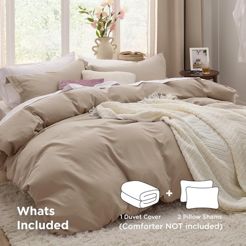 Bedsure Duvet Cover Set - Light Brown Queen Size, 3 Pieces, Extra Soft Prewashed Cotton, Zipper Closure