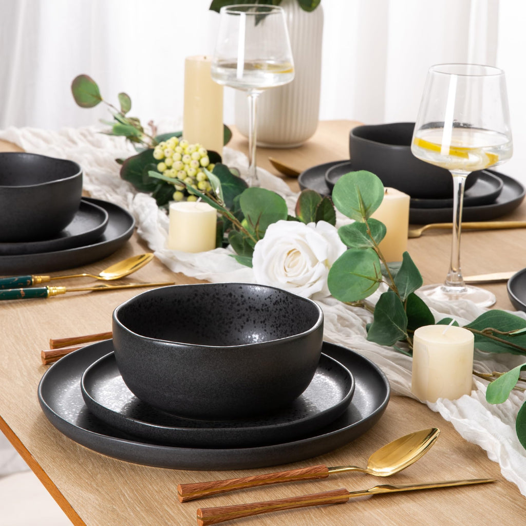 AmorArc Ceramic Dinnerware Sets, Wavy Rim Stoneware Plates and Bowls Sets,Dishwasher & Microwave & Oven Safe Dishes set, Service for 4 (12pc)-Charcoal Matte