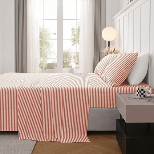 JELLYMONI 100% Cotton Bed Sheets Set – Pink and White Stripes, Twin Size, Soft Bedding with Deep Pocket Fitted Sheet, Flat Sheet & Pillowcase