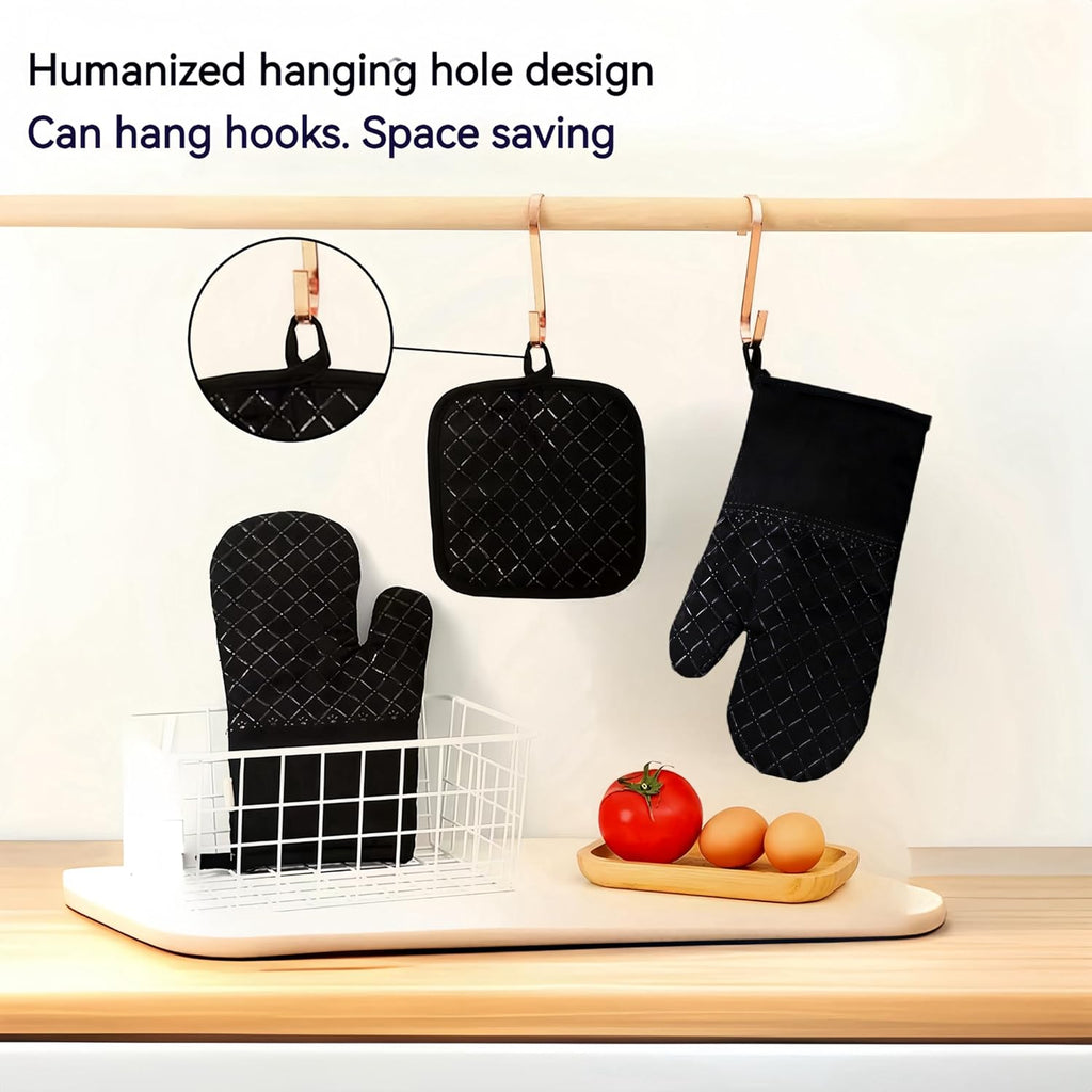 Skiennix Oven Mitts & Pan Racks Set - Heat Resistant 500°F | Non-Slip Silicone, Black, 4-Piece
