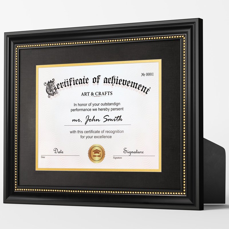 Yaetm 11x14 Diploma Frame, Certificate Frame with Tempered Glass, Display 8.5x11 Document with Black Over Gold Acid-free Mat, Degree Frames for Wall and Tabletop, Black with Gold Beads, 2 Pack
