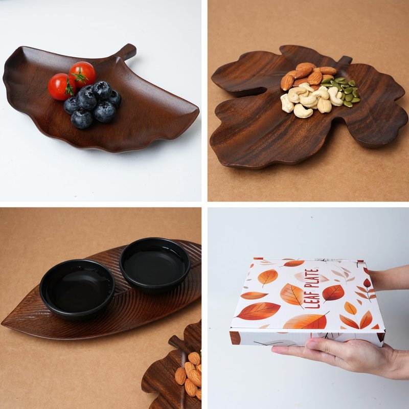 Walnut Wood Serving Tray Plates for Meal Salad Snack Bread, Handcraft Decorative Leaf Design Plate for Home Decor, Food, Charcuterie Vegetables Fruits Picnic Breakfast Lunch Dinner Gift -Maple Leaf