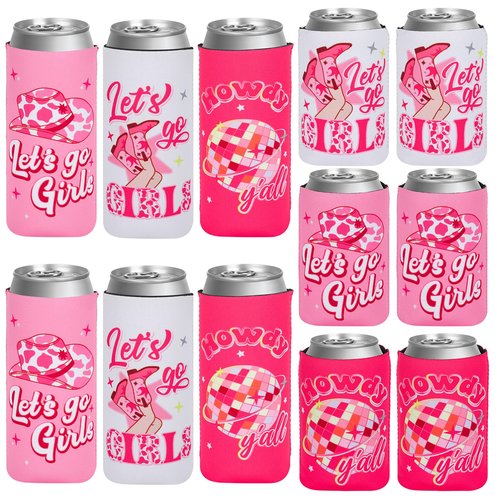 libfrnt 12 PCS Cowgirl Disco Can Cooler Bachelorette Cowgirl Can Sleeves Let's Go Girls Beer Beverage Drink Holder for Bridal Shower Birthday Cowgirl Party Supplies, Pink, White, Rose red