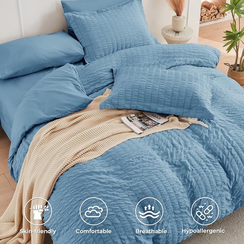 HYMOKEGE Twin XL Comforter Set - 5-Piece Seersucker Bedding Set for All-Season Luxury | Blue