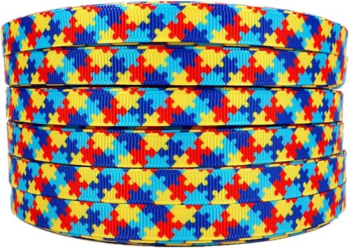 3/8" Narrow Autism Awareness Ribbon by [Brand Name] - 25 Yards of Thin Grosgrain for Hair Bows & Crafts