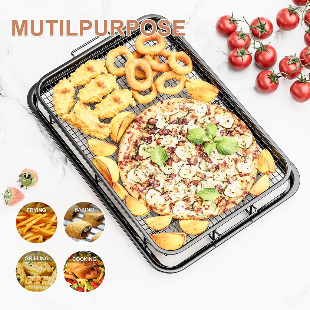 THORSES Air Fryer Basket - Large 15.7" x 11.6" Non-Stick Stainless Steel Tray with 30 Parchment Sheets - Black