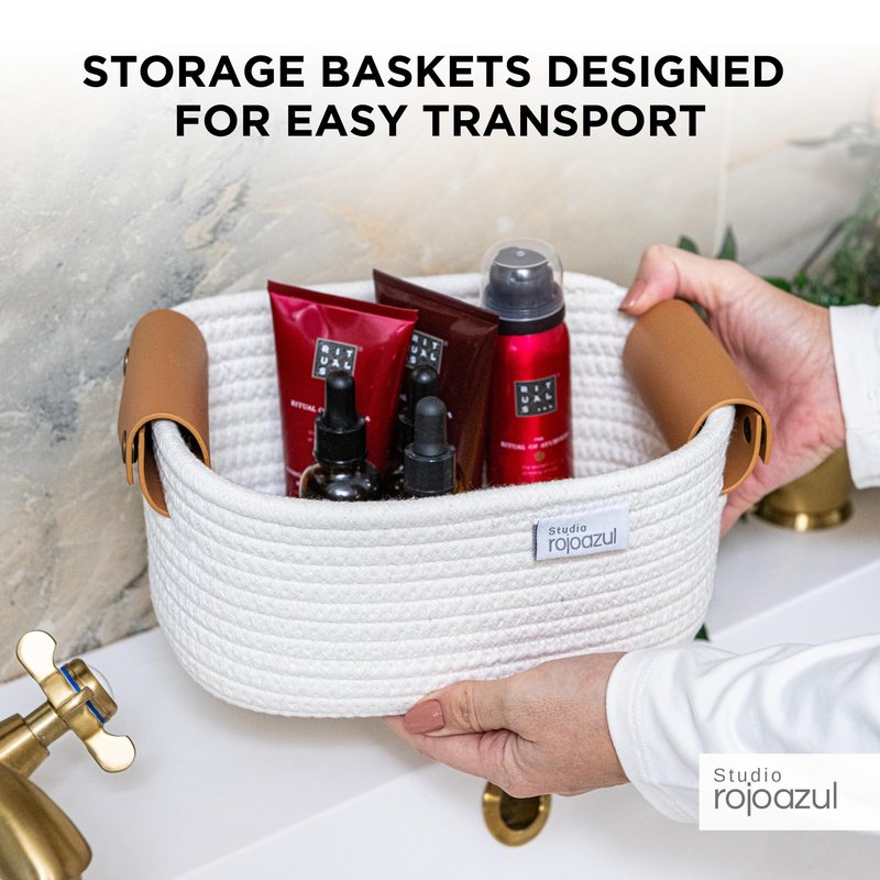 Rope Storage Basket with Leather Handles - Stylish Nursery Storage Bins - Multipurpose Woven Rope Basket - Durable Cotton Organizer - Perfect Gifts for Kids' Room - Small Woven Basket - 3 Sizes