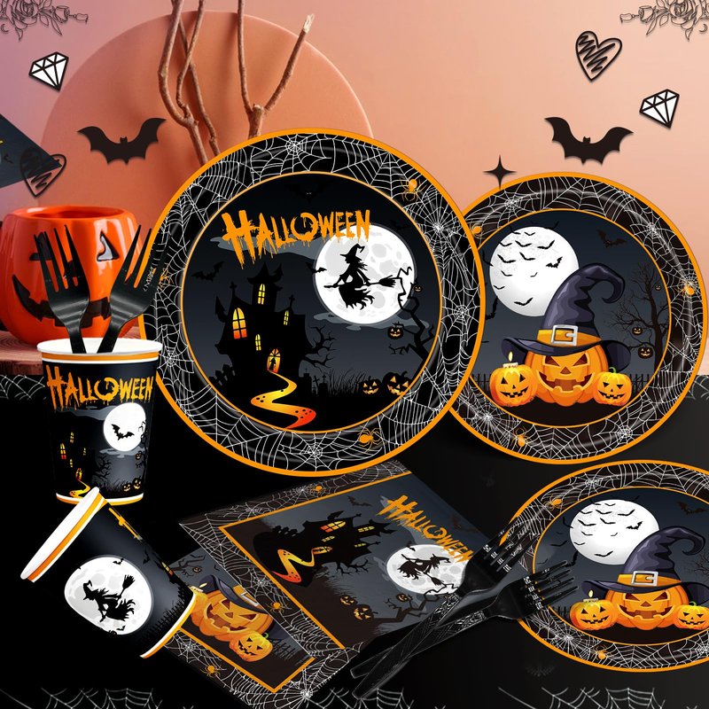Yavxzvbw 120Pcs Halloween Paper Plates and Napkins Set Halloween Party Decorations Supplies Disposable Utensils with Cups Forks for Witch Spooky Adults Party Serves 24