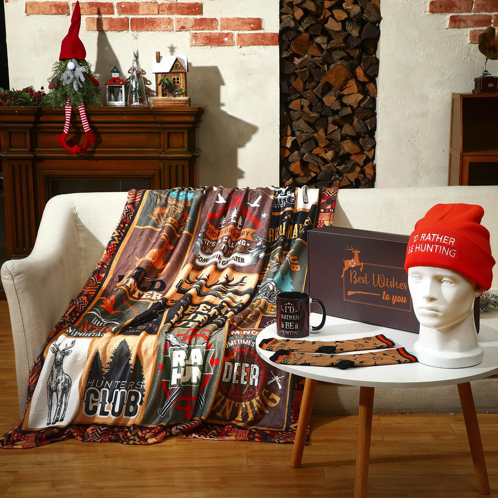 Cotwinter 5 Pcs Deer Hunting Gifts for Hunters Men Dad Papa Grandpa Husband Boyfriend, Funny Hats Socks Throw Blankets and Ceramic Coffee Mugs 11 oz with Gift Box for Fathers Day Christmas Birthday
