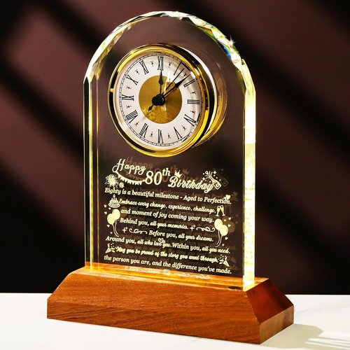 Arikyrist 80th Birthday Glass Clock - Unique Keepsake Gift for Men & Women with Wooden Light Base