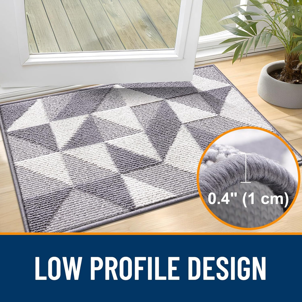 OLANLY Indoor Door Mat - Washable, Low-Profile Geometric Design | 32x20, Odor-Free & Absorbent Grey Entry Carpet