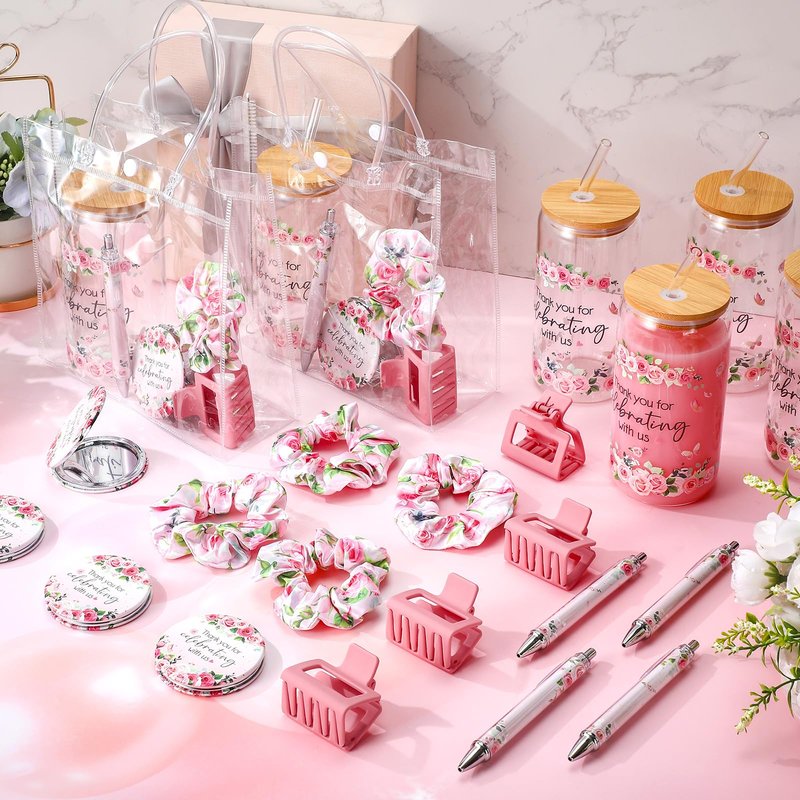Boao 6 Set Baby Shower Game Prizes for Player Winners Tumblers with Lids Straws Mirrors Hair Scrunchies Pens Hair Clips Gift Bags for Baby Bridal Shower Wedding Game Favors(Pink Flower)